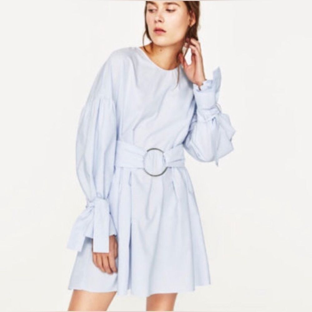 ZARA Trafaluc Dress Full Shirt Belted Blue L